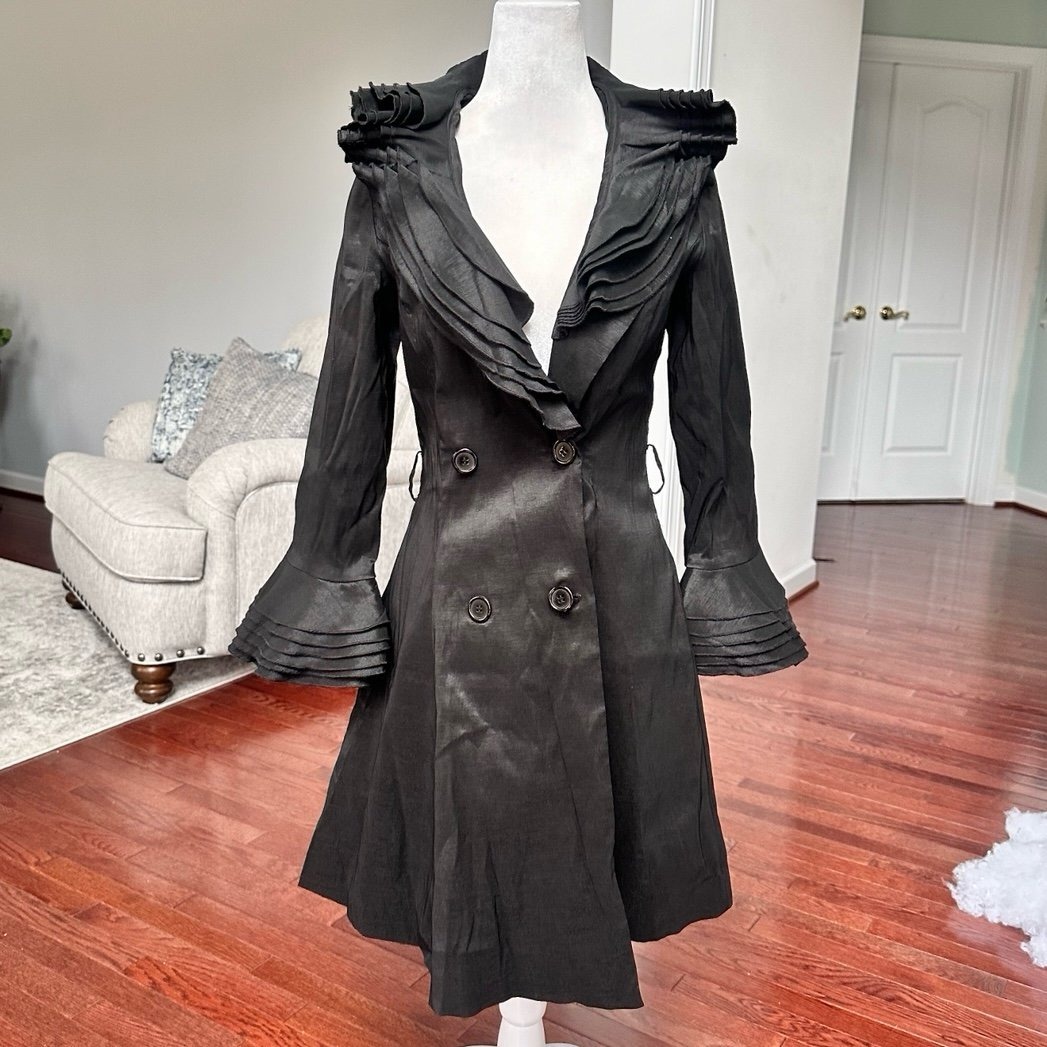 Nwt Jenny T Black Flare Frill Bell Sleeve Layered Unique Button Up Jacket Dress